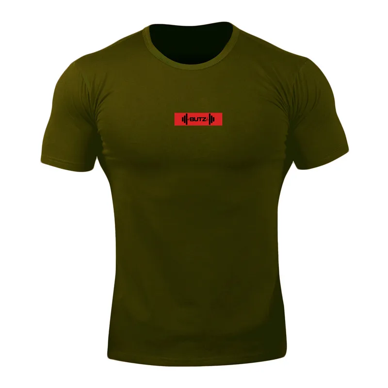Модная мужская футболка из хлопка, дышащая мужская футболка с коротким рукавом для фитнеса, футболка для тренажерного зала, облегающая Повседневная летняя футболка - Цвет: army green