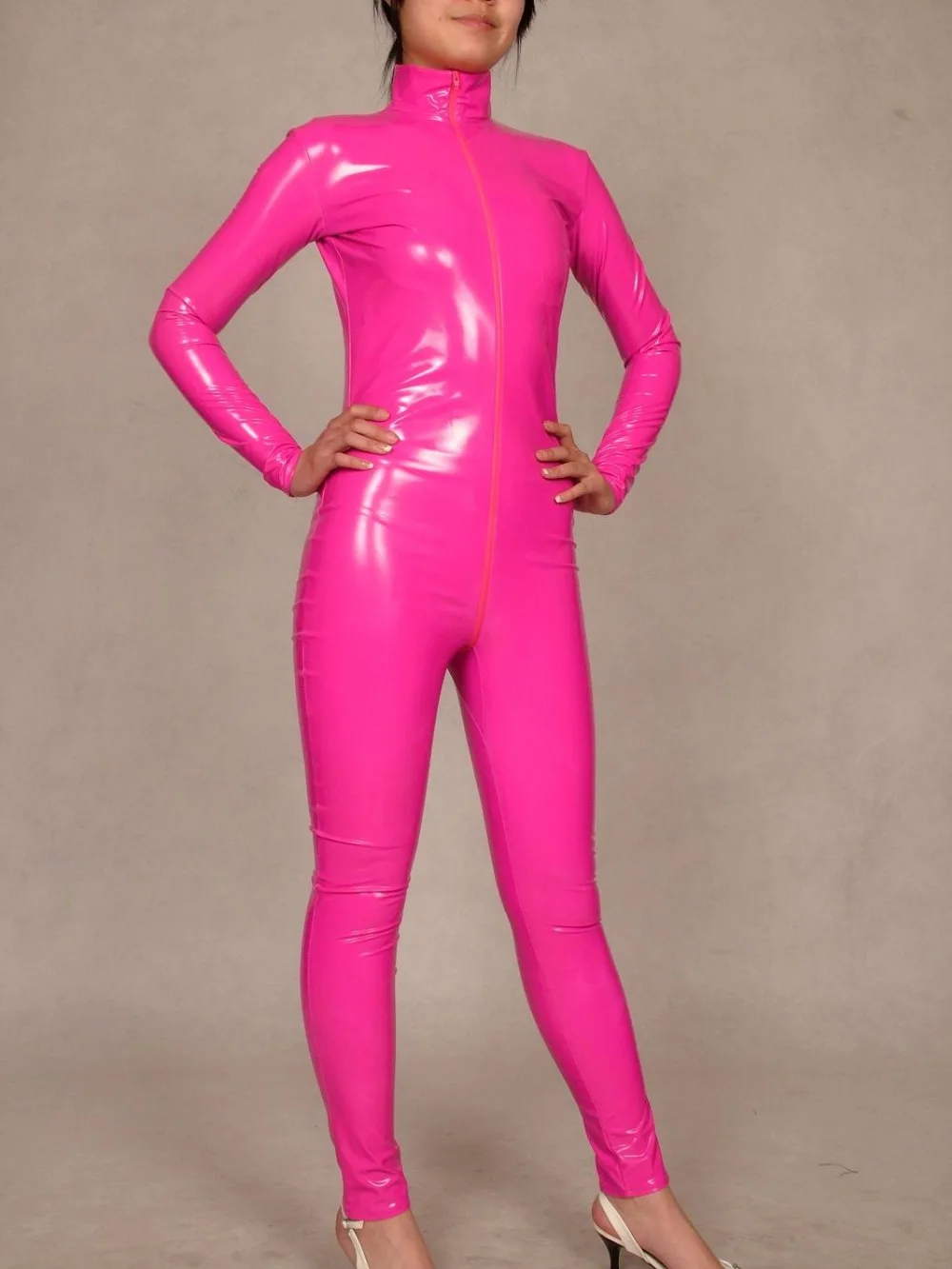 pink Pvc bright paint leather composite coating Zentai sexy Suit full