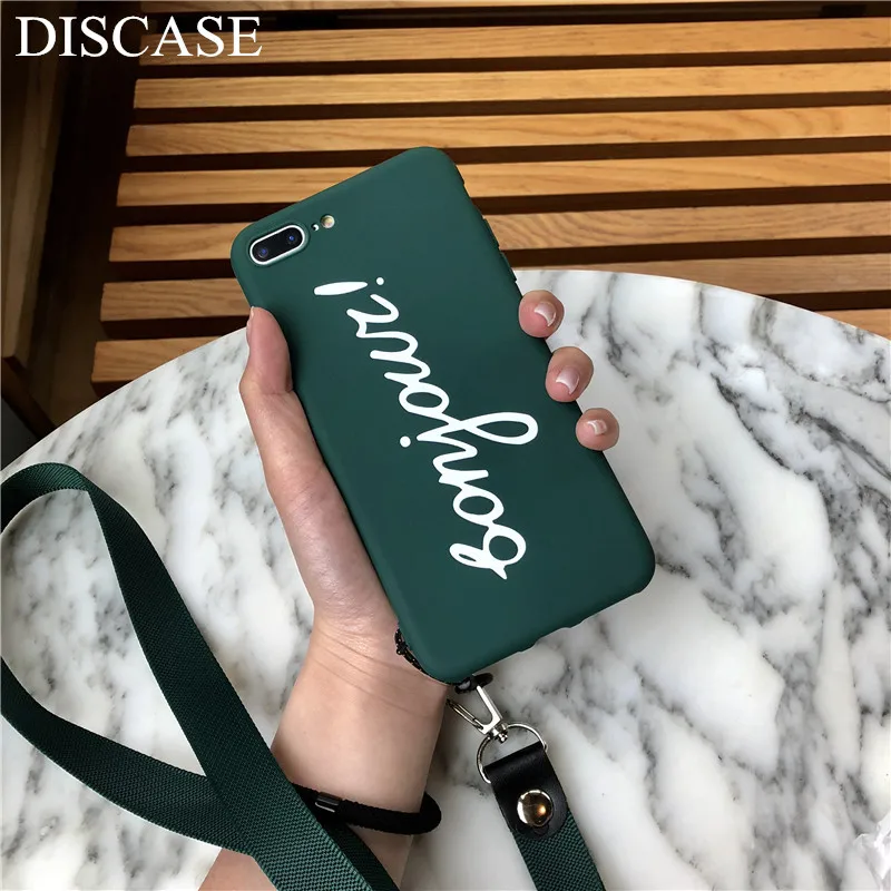 

DISCASE TPU Soft Shell Phone Case For iphone 8 7 6 6s plus X Candy Solid Color Simple Relief English Letters With Lanyard Coque