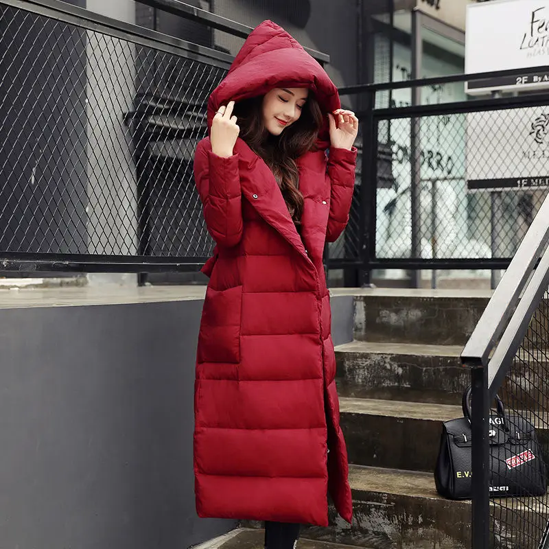 Новое поступление, зимняя женская куртка, модное пальто с капюшоном, с поясом, длинное, до колена, теплая, стильная женская куртка, Jaqueta Feminina ST311 - Цвет: Wine red