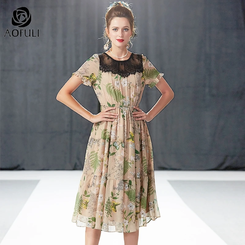 

AOFULI L- 4XL 5XL Lace Stitching Floral Printed Summer Midi Dress Short Sleeve Elastic Waist Mid-calf Length Long Dresses A4042