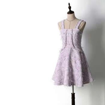 

Elegant Sweet Light Purple Feather Tassel Tweed Dresses Women Girls Spaghetti Strap Big Hem Pockets Party Evening Dress Y132