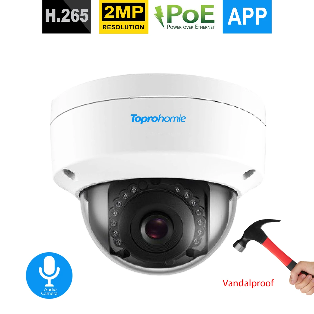 IP камера TOPROHOIME h.265 1080P @ 25fps 2 МП 48 в POE IP66 Антивандальная купольная наружная