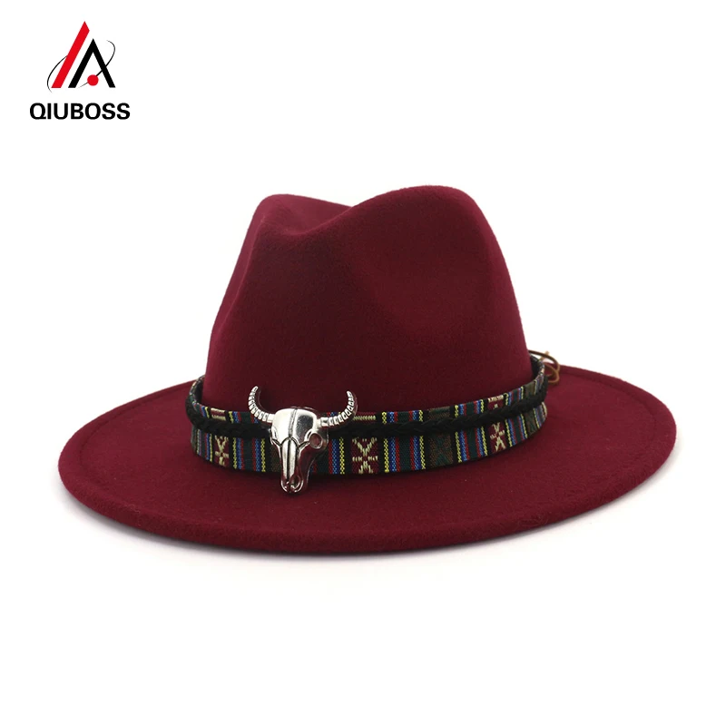 

QIUBOSS Unisex Wide Brim Cowboy Fedora Hat Bull Head Decoration Men Women Wool Felt Trilby Gambler Hats Jazz Panama Caps QB59