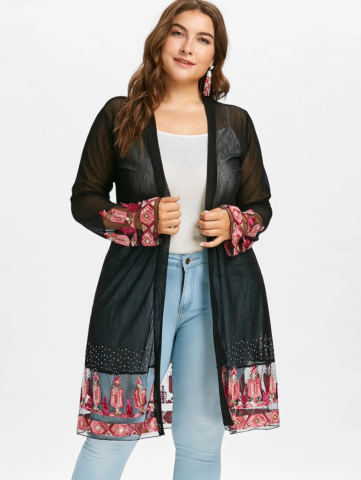 

Wipalo Women Autumn Casual Plus Size 5XL Embroidery See Through Kimono Coat Wide-Waisted Long Cardigan Jackets Women Clothing