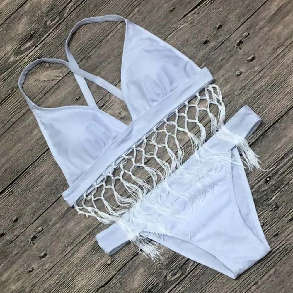 

TOKITIND Sexy Lace Bikini top 2017 White Swimwear Women Solid Push Up Bikini Set Beachwear Bathing Suit brazilian femme biquini