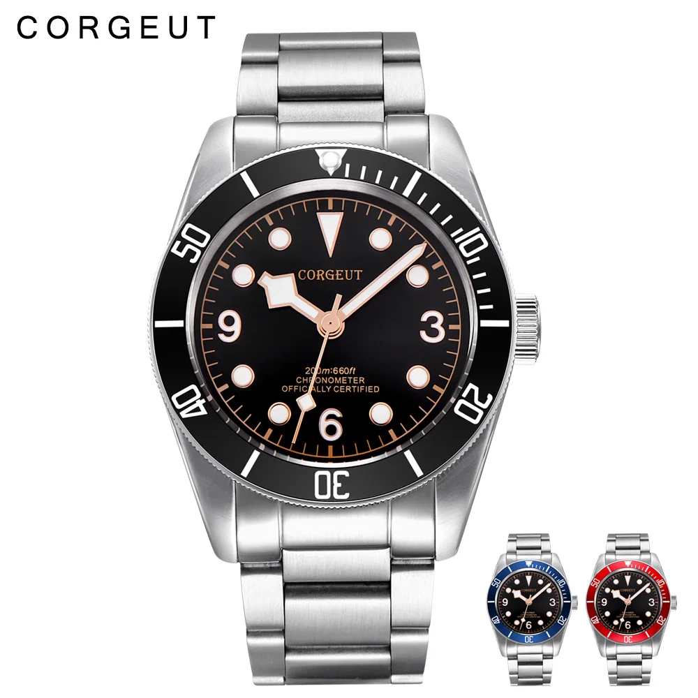Corgeut الفاخرة العلامة التجارية الميكانيكية ووتش شوارتز خليج الرجال التلقائي العسكرية الرياضة السباحة ساعة جلدية الميكانيكية المعصم الساعات