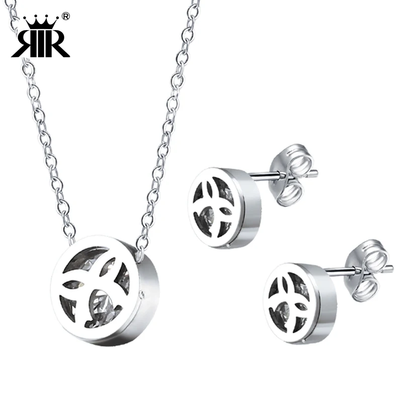 

RIR Fashionable New Round Jewelry Silver Stainless Steel Round Knot With Crystal Charm Chain Necklace and Stud Earrings