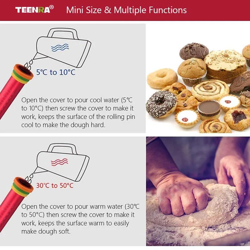 TEENRA 12,2 В Регулируемая Скалка из алюминия скалка для теста для торта ролик для теплого или холодного контроля Скалка Для Пиццы Инструменты для выпечки