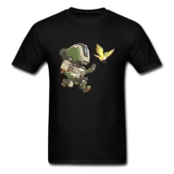 

Bastion Cute T-shirt 2018 New Cartoon Robot With Bird Print Men Black Tee Shirt Casual Summer Street Wear For Skater