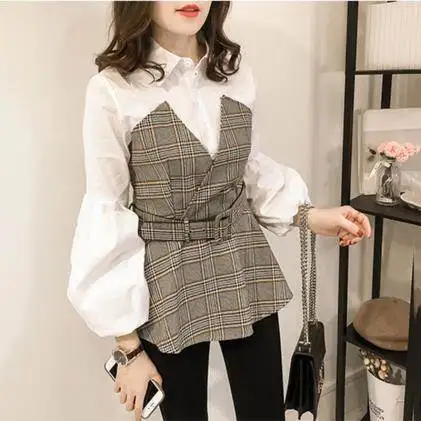 

2019 Spring Blouse Women Plus Size Tops Camisas Mujer Ladies Tops Plaid Shirt Puff Sleeve Blusas Femininas Elegante