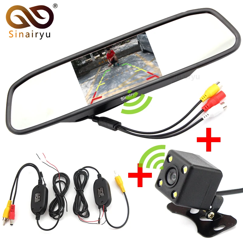 

Sinairyu Wireless Parking Video Player. Wireless Transmitter Receiver Kit Car Rear View Camera With 4.3" Mirror Monitor