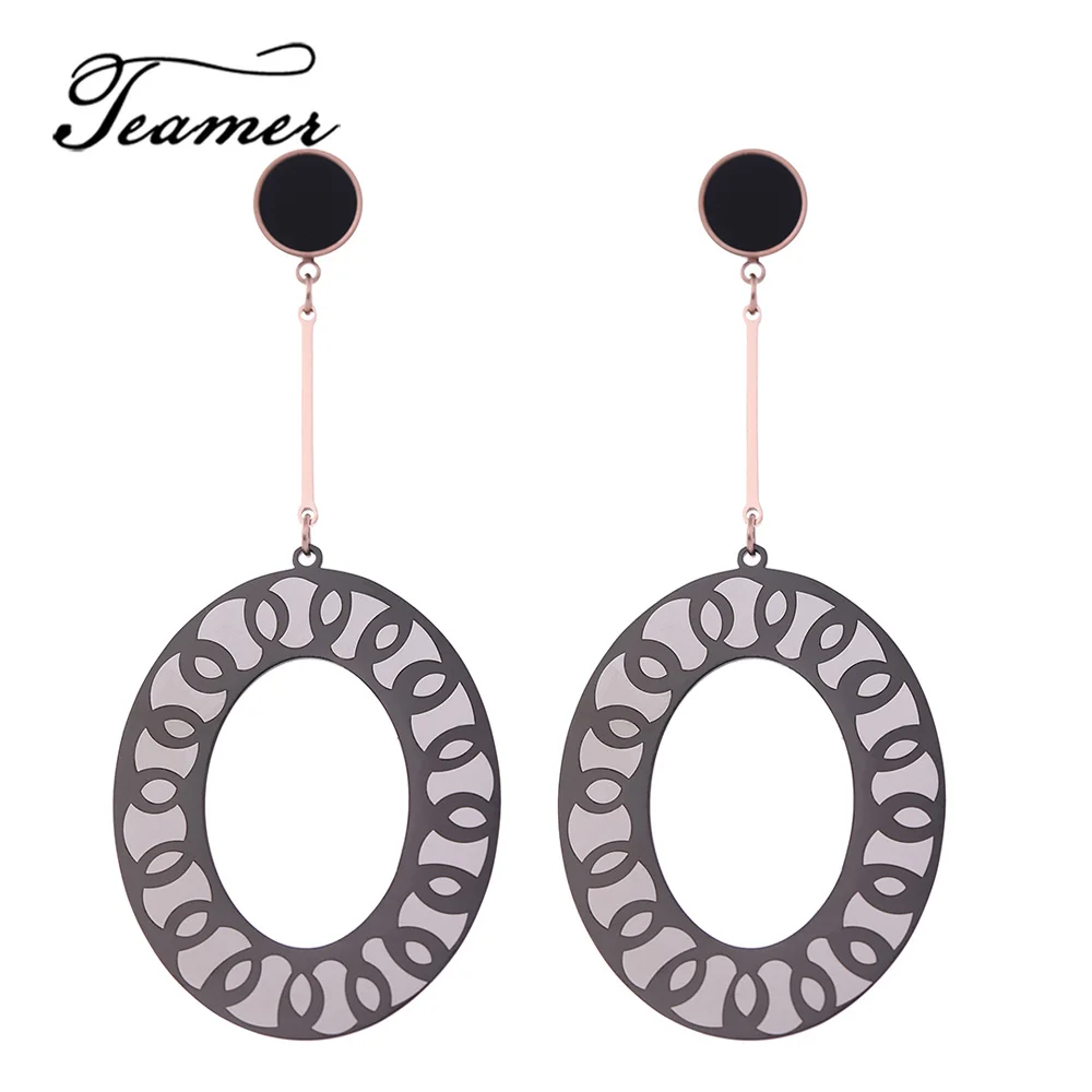 

Teamer Vintage Stainless Steel Earrings Bohemian Black Pattern Oval Drop Earrings for Women Big Statement Party Indian Jewelry