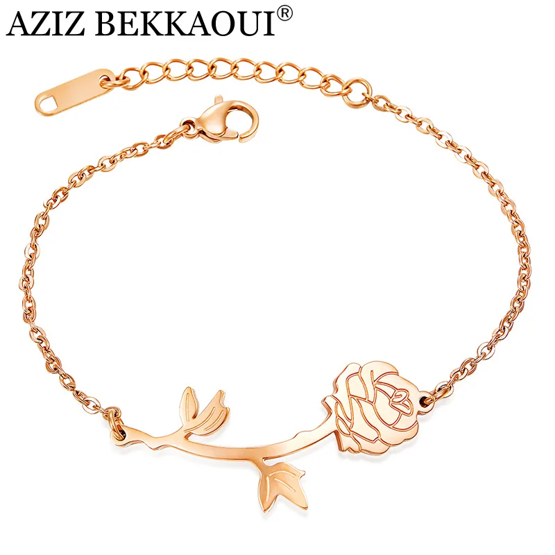 

AZIZ BEKKAOUI Rose Gold Chain Link Rose Flower Bracelets for Women Ladies Cute Plant Woman Bracelets & Bangles Femme Gift