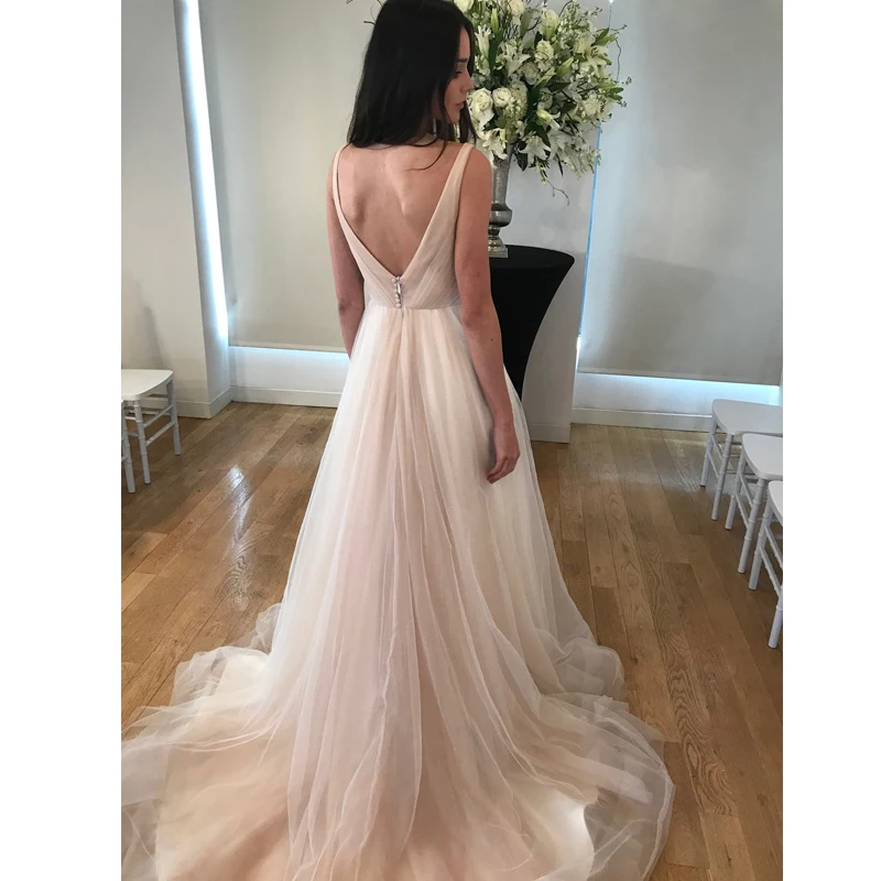 LORIE New Long Train A-Line Wedding Gowns V-neck Sleeveless Tulle Bride Dresses Simple Beach Wedding Guest Dresses Custom