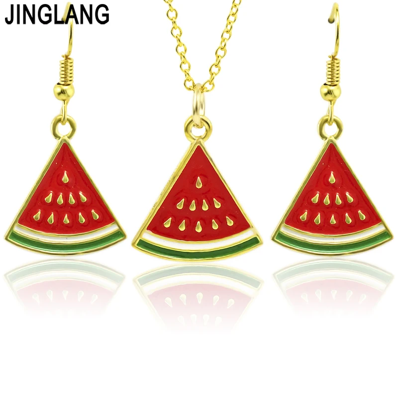 

JINGLANG Bright Style Watermelon Pendant Necklace Earrings Jewelry Set Alloy Fruit Women Party Wedding Dress Accessories