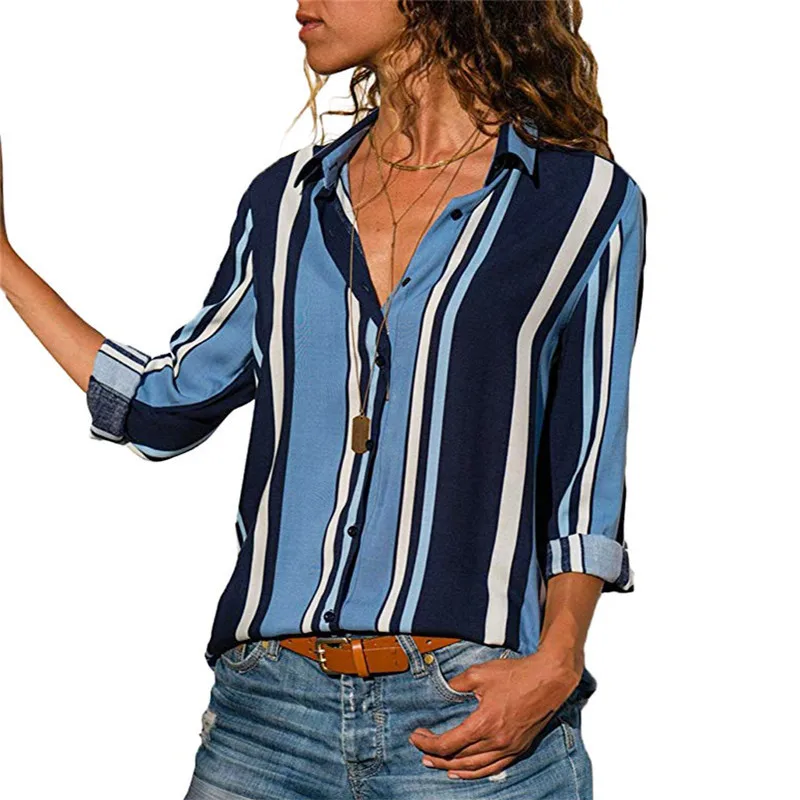 Women Striped Button Shirt Casual Long Sleeve Blouse Shirt