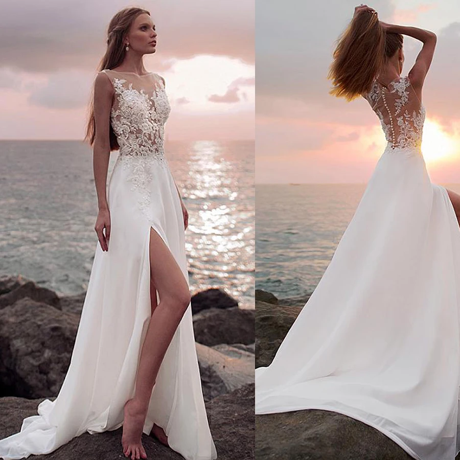 

Pretty Chiffon Bateau Neckline See-through Bodice Slit A-line Wedding Dress With Beaded Lace Appliques Beach Bridal Dress