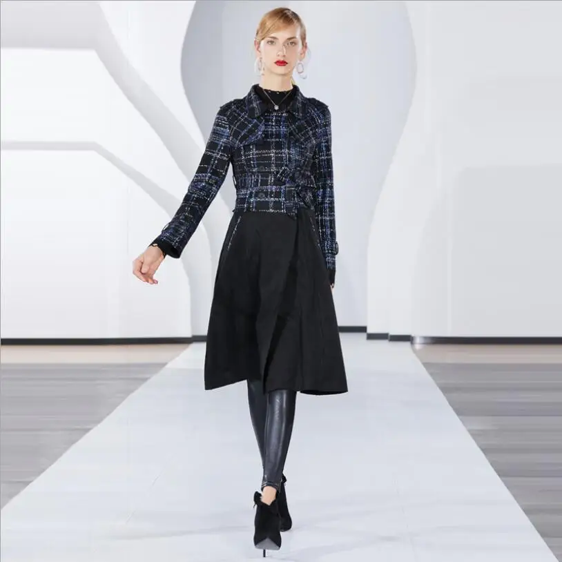 Suédé Outwear Occasionnel Manches À Mode Imprimer Manteau Hiver Femmes De En 2018 Automne Noir Cuir Manteaux Longues Plaid Patchwork Tranchée aUF6qp