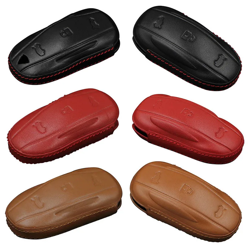 

Black Red Genuine Leather Car Key Protection Cover Case Full Protective Key Fob for Tesla Model X S Remote holder accessories