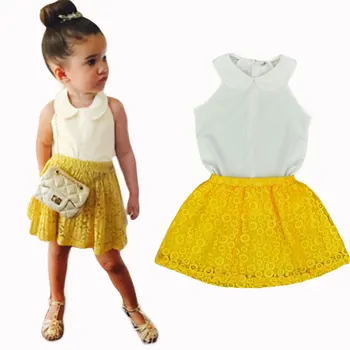 

DFXD New Arrival Baby Girls Clothing Princess White Sleevelss Doll Collar Vest Shirt+Yellow Lace Skirt Children Clothing Sets