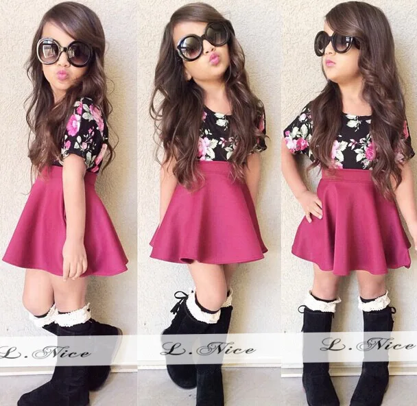 [Bosudhsou] 8# детская юбка+ футболка летнее платье для девочек короткое платье принцессы комплект детской одежды, розовое/белое хлопковое платье - Цвет: 2