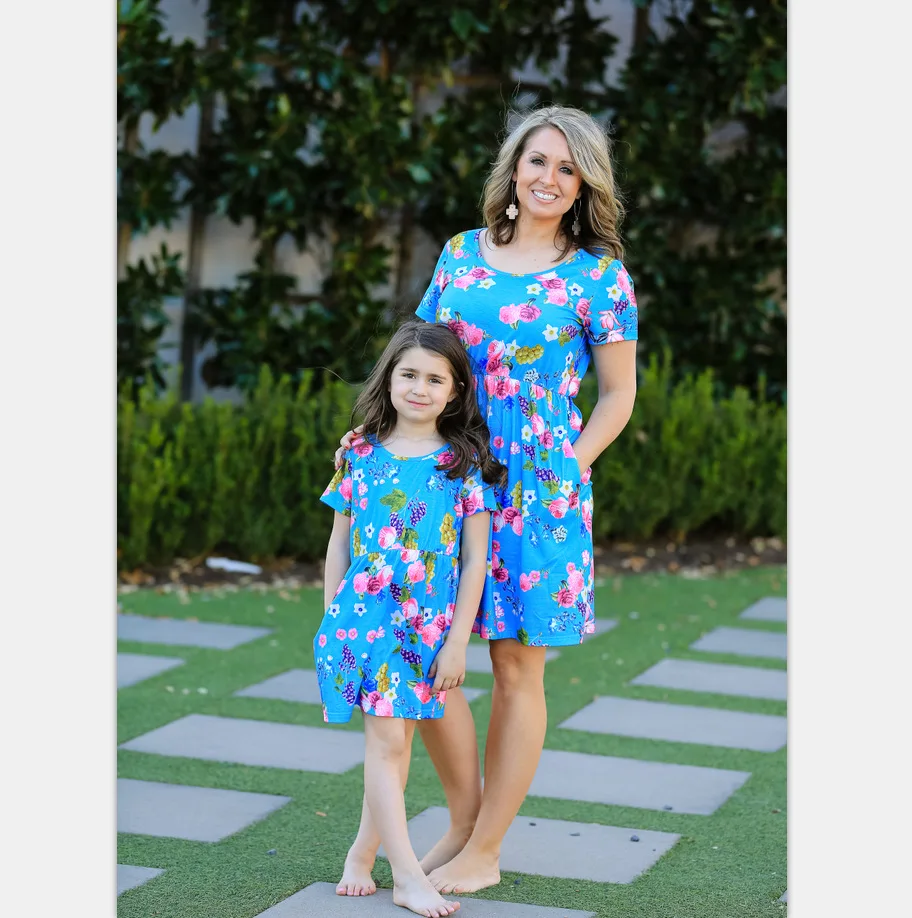 

ZOGAA 2019 Spring Blue Printed Floral Parent-Child Skirt Dresses Short Sleeve Round Neck Mommy and Me Clothes