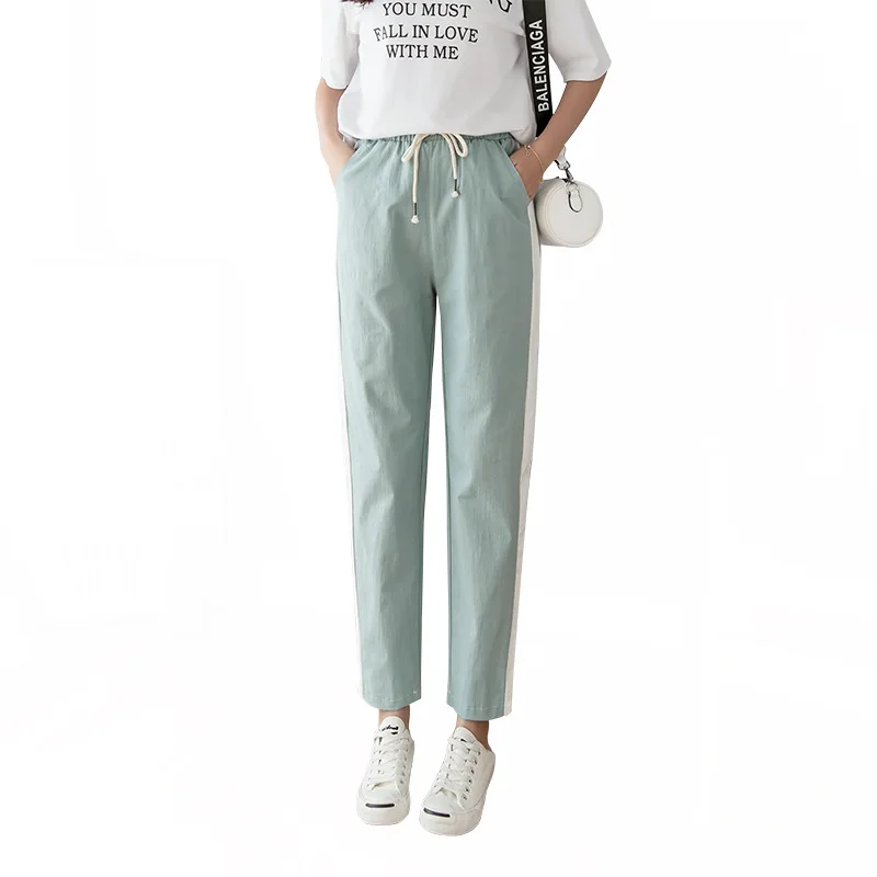 

Cotton and linen nine pants women's spring and summer new casual small feet sports striped female thin trousers LS01