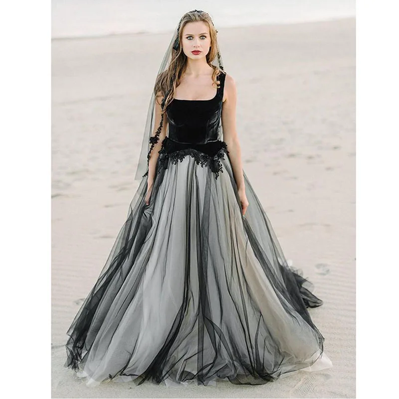 

2019 Square Collar Black Wedding Dress Contrast color Bride dresses Lace Appliques Bridal Gowns Backless Vestido De Noiva Lorie