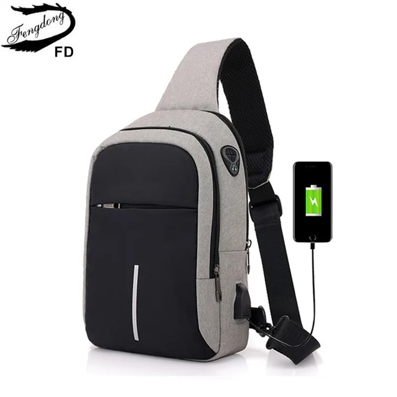  FengDong small usb charge one shoulder bag men messenger bags male waterproof sling chest bag 2019  - 32867211279