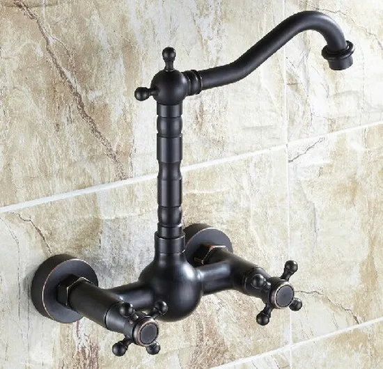 Oil Rubbed Bronze Wall Mounted Dual Cross Handles Swivel Kitchen Bathroom Sink Basin Faucet Mixer Tap anf265