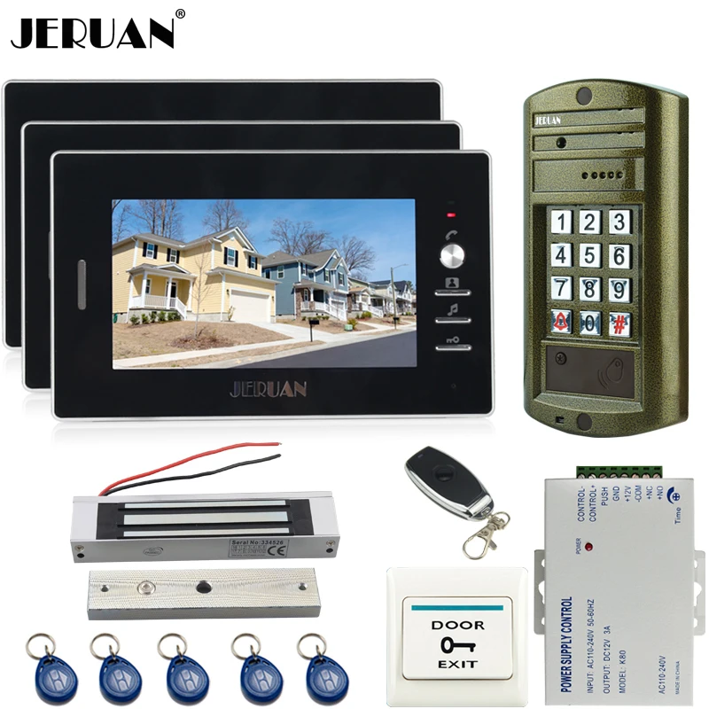 

Home 7 inch Video Door Phone Doorbell Intercom System kit 3 Black Monitor + Metal Waterproof Access Password HD Mini Camera
