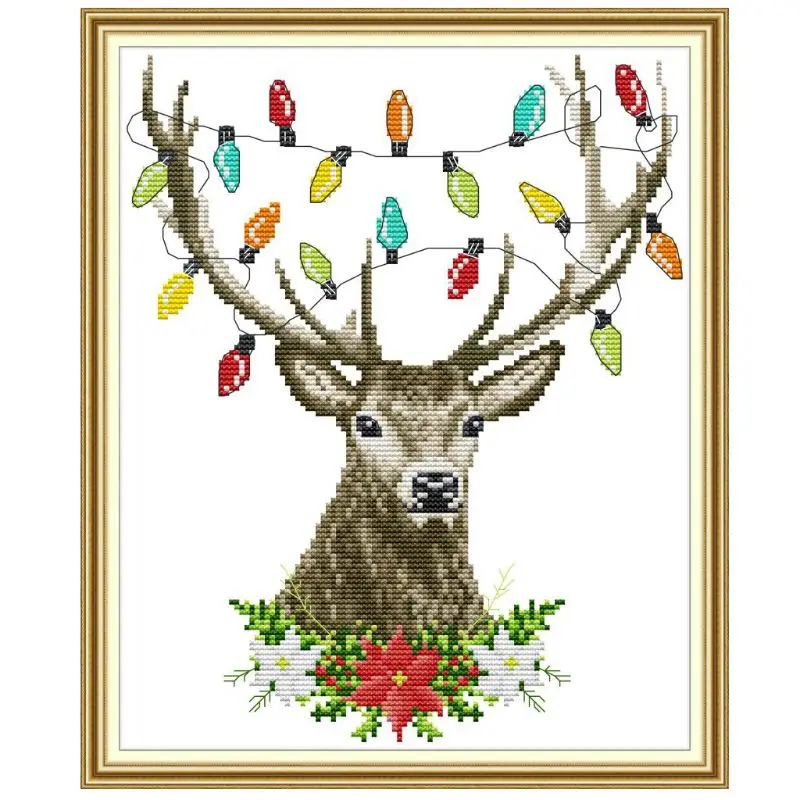 

OOTDTY Christmas Antlers DIY Handmade Needlework Counted 14CT Printed Cross Stitch Embroidery Kit Set Home Decoration