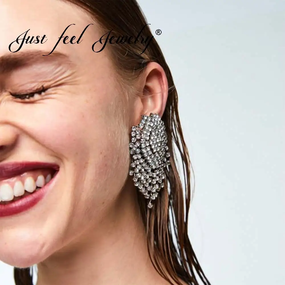 

JUST FEEL 2018 Luxury Crystal Stud Earrings For Women Fashion Za Charm Flower Statement Bride Party Earring Large Trendy Jewelry