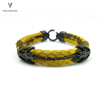 

Custom High End Python Leather Bracelet With 925 Sterling Silver Arrow Hardware Matt Yellow Python Bracelet With Gift Box