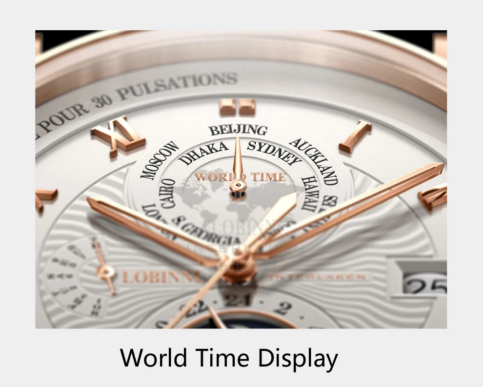 LOBINNI мужской роскошный бренд часов Moon Phase автоматические механические мужские наручные часы сапфир кожа мировое время relogio L16003-5