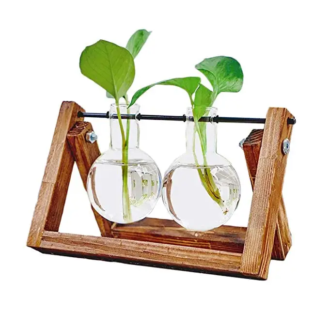 Glass Wood Planter Bulb Vase Terrarium Table Hydroponics Plant Bonsai Flower Pot Hanging Pots Home Decoration with Wooden Tray - Цвет: 2