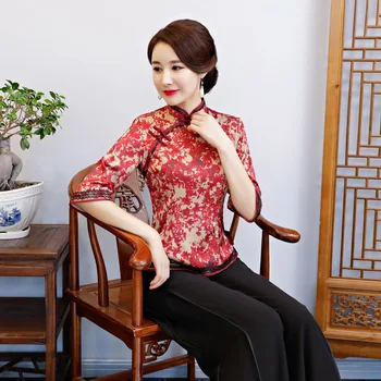 

Autumn New Women Three Quarter Sleeve Shirt Vintage Chinese Style Blouse Print Flower Tang Tops Plus Size Daily Clothes XXXL