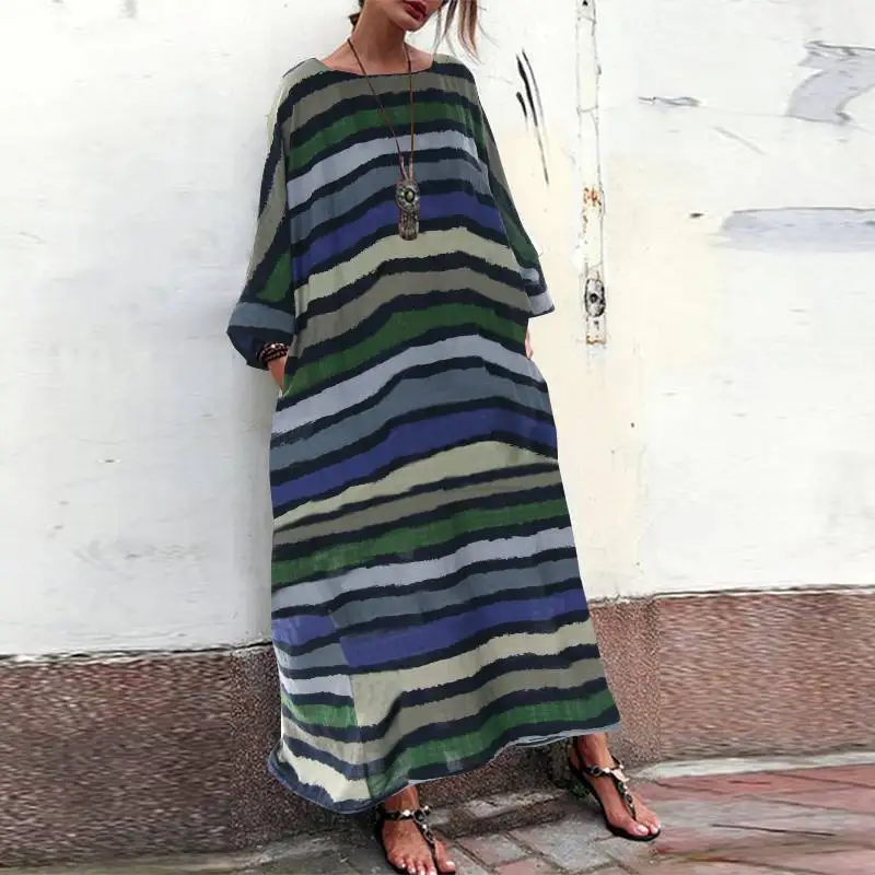 ZANZEA женское платье макси размера плюс длинное Vestidos женское платье с принтом s богемное платье в полоску летний сарафан платье для пляжной вечеринки - Цвет: 961 Green