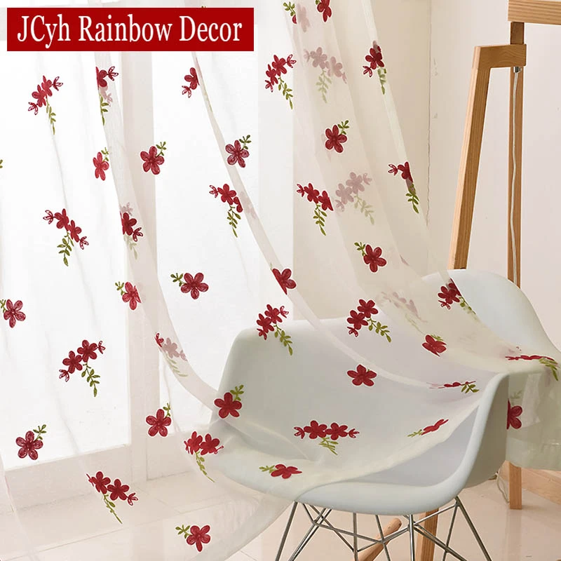 Embroidery White Tulle Curtains For Living Room Bedroom Red Flower Kitchen Curtains Organza Window Voile Sheer Curtains Drapes Curtains Aliexpress