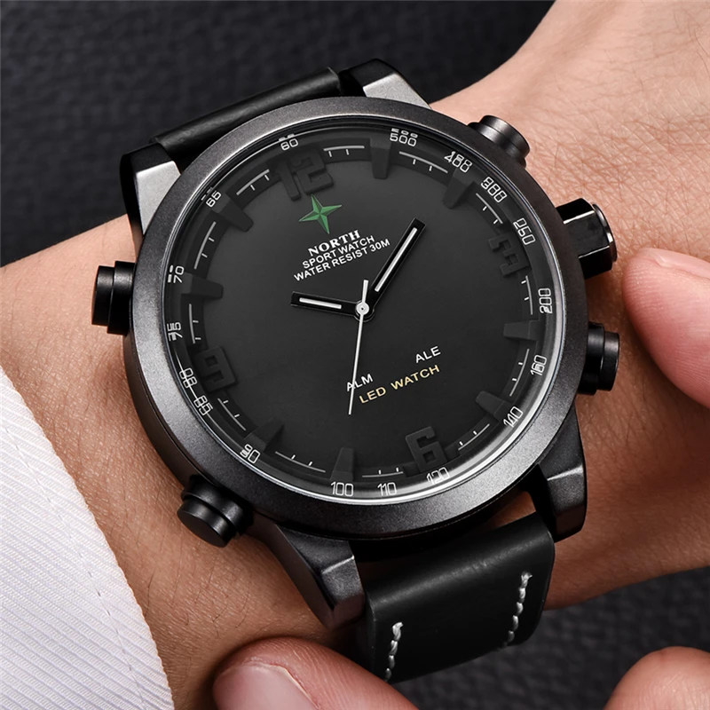 Люксовый бренд North повседневные спортивные кварцевые часы мужские кожаные Аналоговые электронные цифровые часы военные часы мужские Relogio Masculino