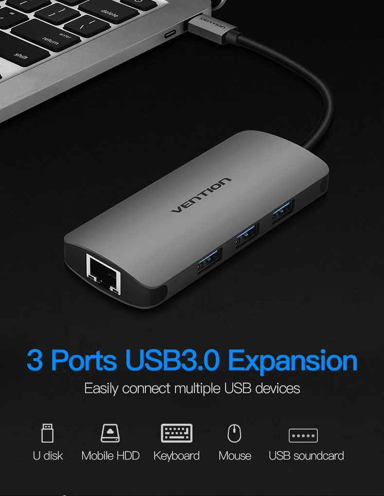 Vention USB C Ethernet адаптер usb-хаб 3 порта конвертер Тип C 3,0 USB к RJ45 Lan сетевая карта для Macbook USB Ethernet переключатель