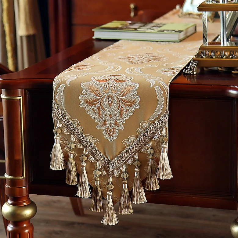 CURCYA Beige / Coffee Luxury European Style Table Runner Polyester