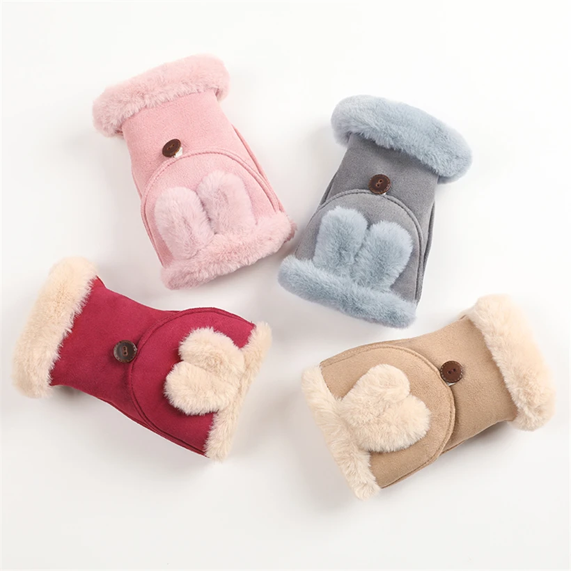 Cute Women Suede Fabric Mittens Glove Thick Gloves Winter Warm Wrist