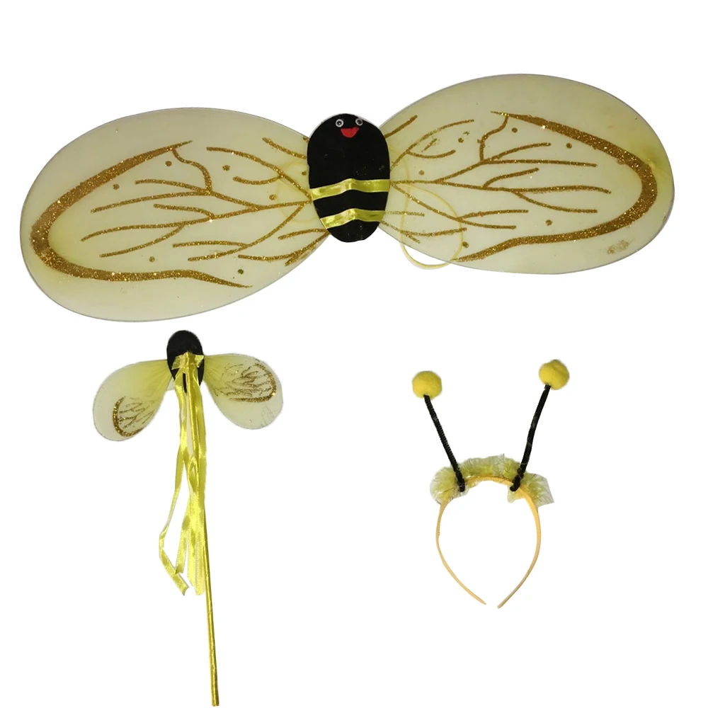 1 Set Children Yellow Bee Removable Wings Wand Headband Dress Up Fancy Dress for Halloween Kids Party Costumes Accessories