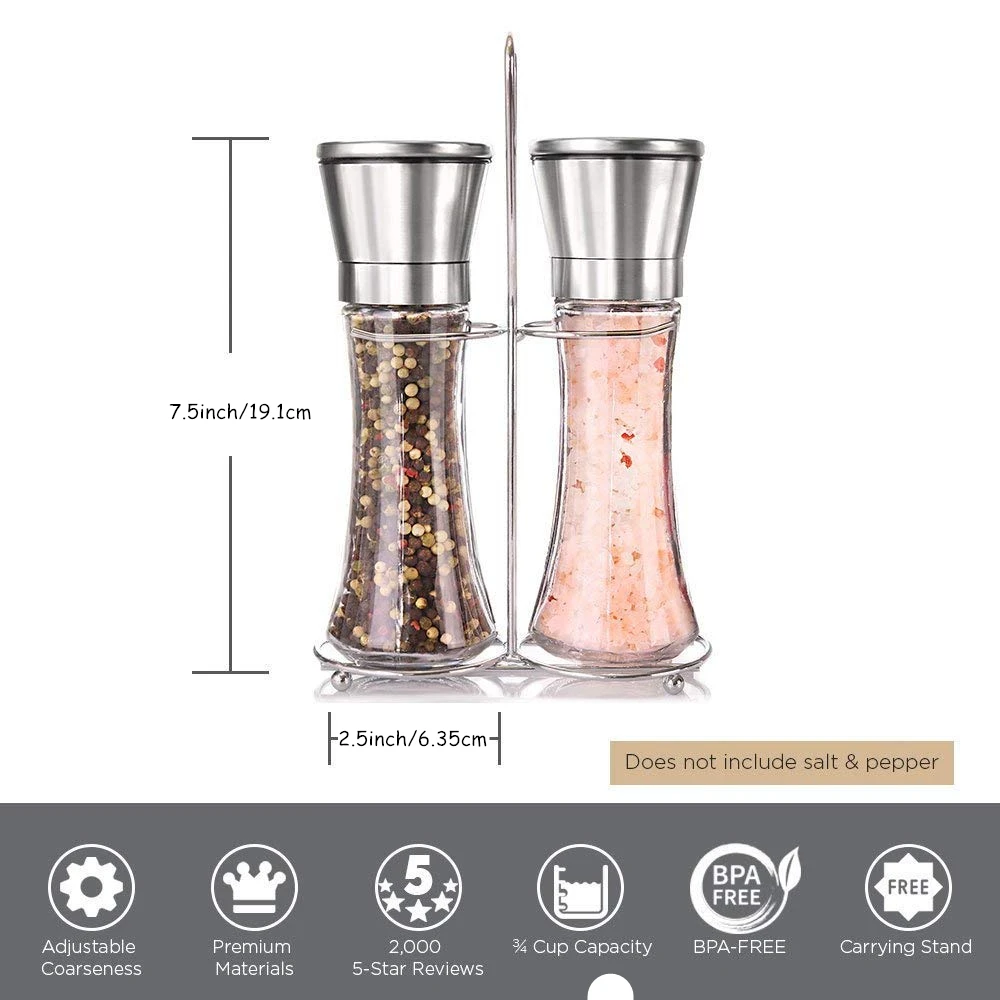  LMETJMA Salt and Pepper Shakers Set With Stand Stainless Steel Salt Pepper Mill Manual Spice Pepper