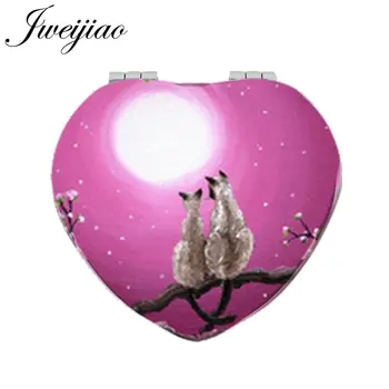 

JWEIJIAO Love Moon Cats Heart Pocket Mirror PU Leather Mini Compact Folding 1x/2x Magnifying Makeup Mirror for Lovers