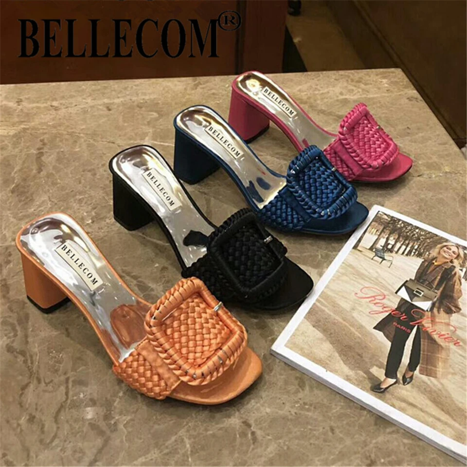 

BELLECOM Moccasin sandals with square leather buckle outside women's slipper in one-line braided middle heel