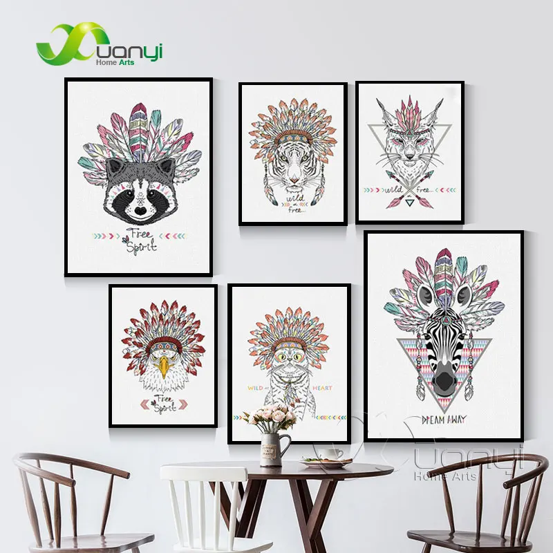 409 50 De Réductionnordique Indien Animaux Tête Hippie Mode Cerf Cheval Zèbre Art Impression Affiche Mur Photos Toile Impression Sans Cadre