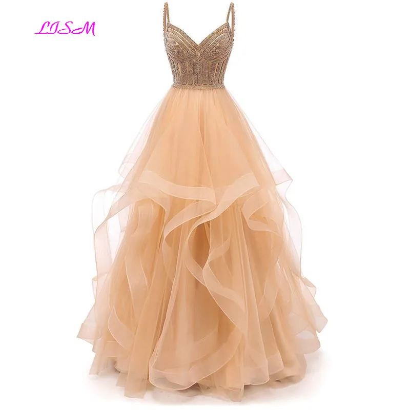 Tulle Crystal Beaded Long Prom Dresses Tiered Formal Evening Dress Spaghetti Straps Sweetheart Ball Gown Princess Party Gowns Prom Dresses Prom Dresses